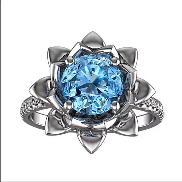 New 925 Silver Lotus Flower Sapphire Ring - Picture 4 of 6